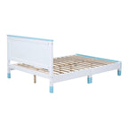 Lit plateforme double pour enfant, tête de lit en forme d'arc, cadre en bois, blanc et bleu, pour 1 personne