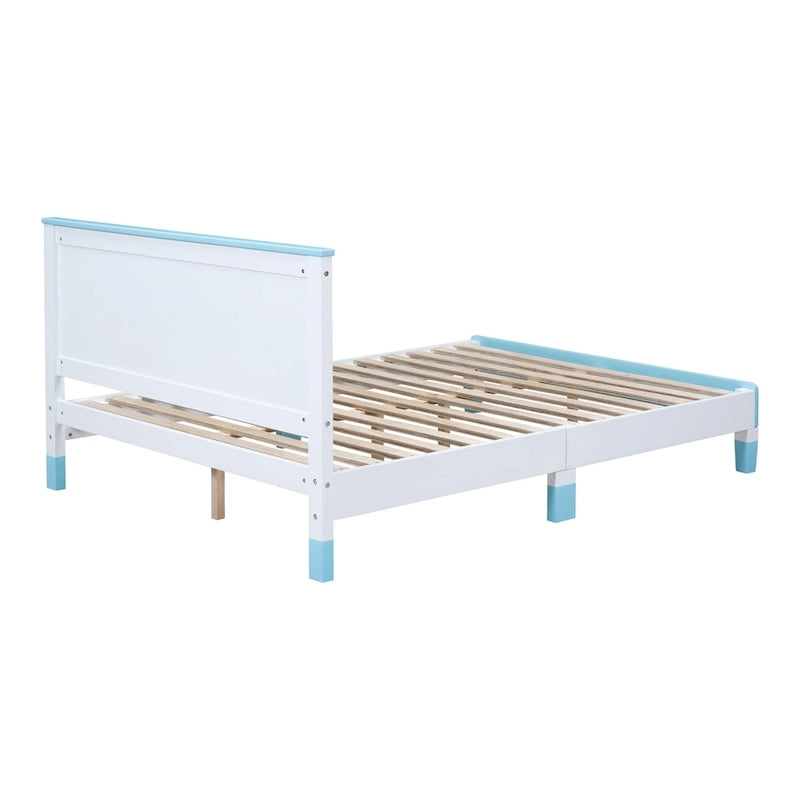 Lit plateforme double pour enfant, tête de lit en forme d'arc, cadre en bois, blanc et bleu, pour 1 personne