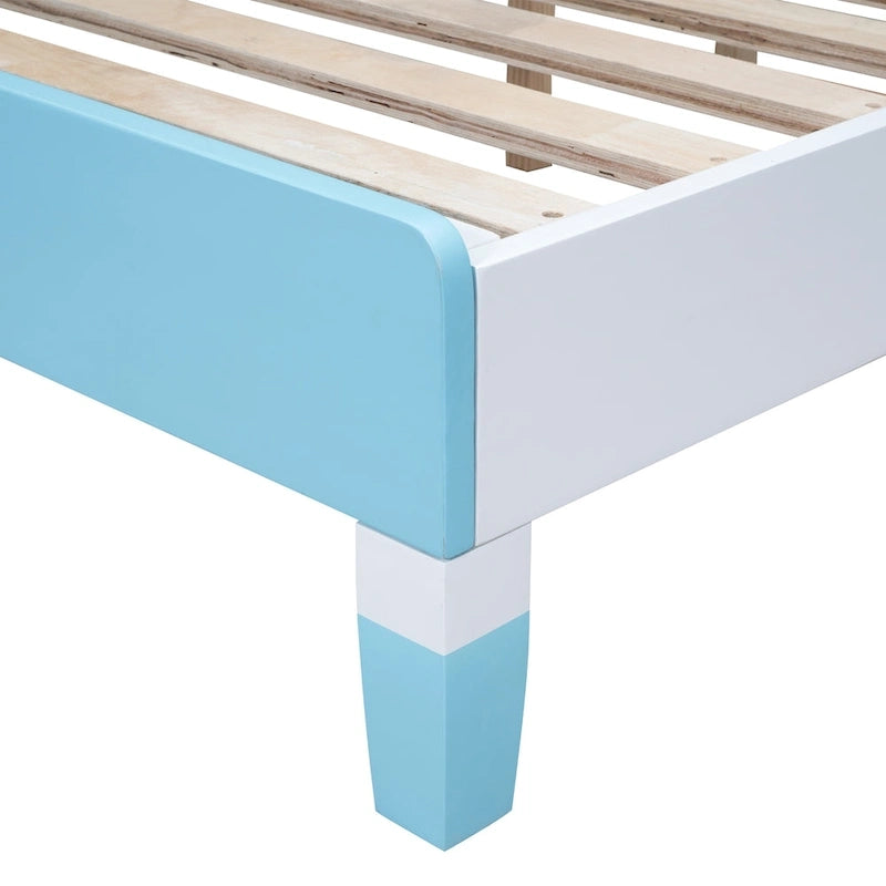 Lit plateforme double pour enfant, tête de lit en forme d'arc, cadre en bois, blanc et bleu, pour 1 personne