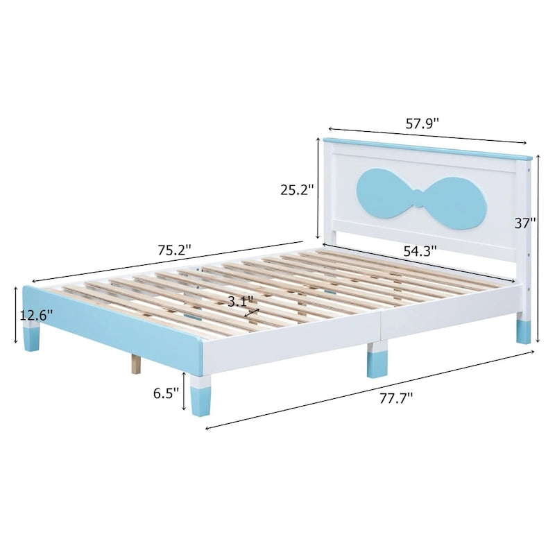Lit plateforme double pour enfant, tête de lit en forme d'arc, cadre en bois, blanc et bleu, pour 1 personne
